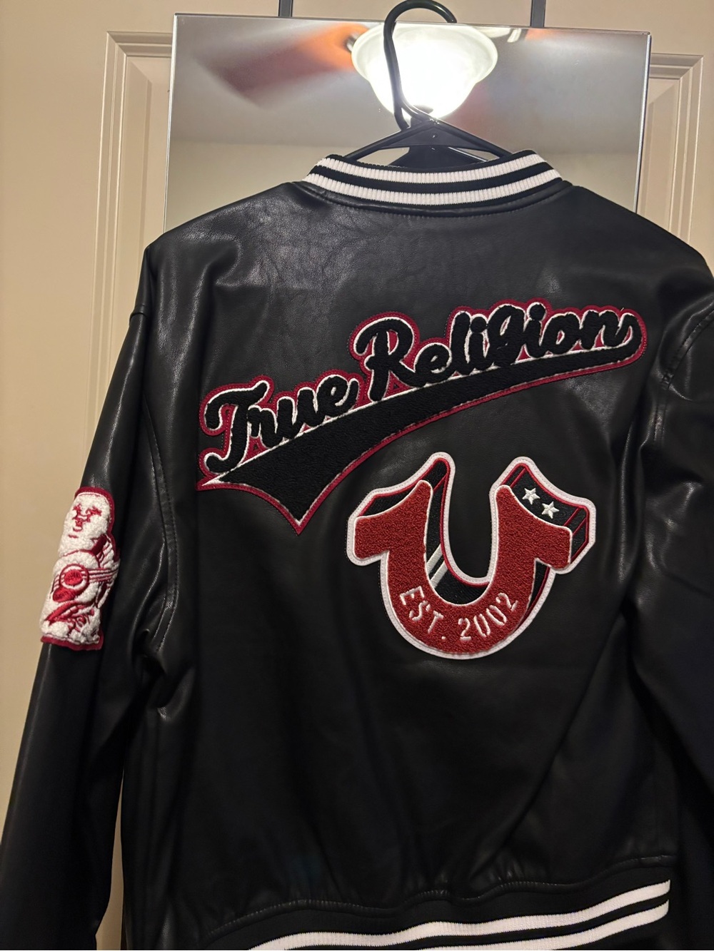 True Religion Black Leather Varsity Jacket with Red Trim - Picture 2 of 3
